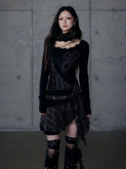 Black Ruched Rhinestone Asymmetrical Blend Cross with Dress Neck Hem