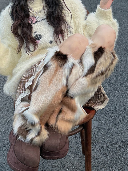 White&Brown Y2K Shaggy Leg Warmers