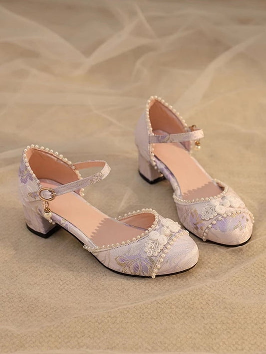Top Details Beads at Heel Lolita Qi 4cm Frog Satin Sandals Button Purple