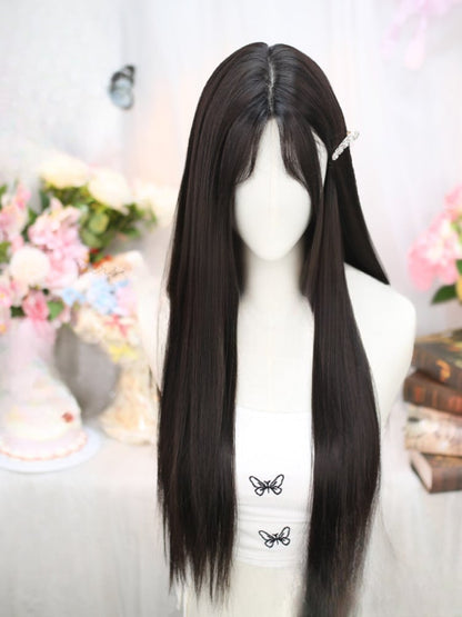Black Tea Under Bust Length 60-70CM Straight Wig with Curtain Bangs