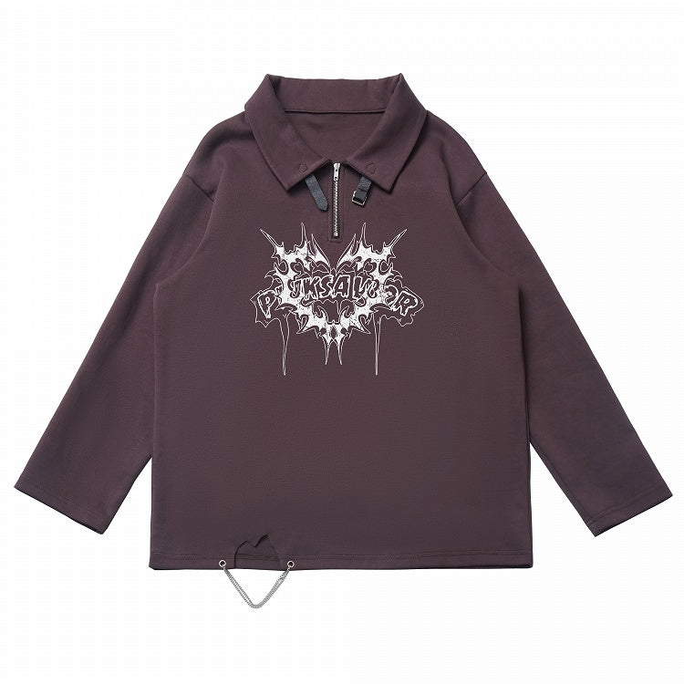 Collar Banded Graphic Sweatshirt Brown Polo Collar Buckle Strap Neckline