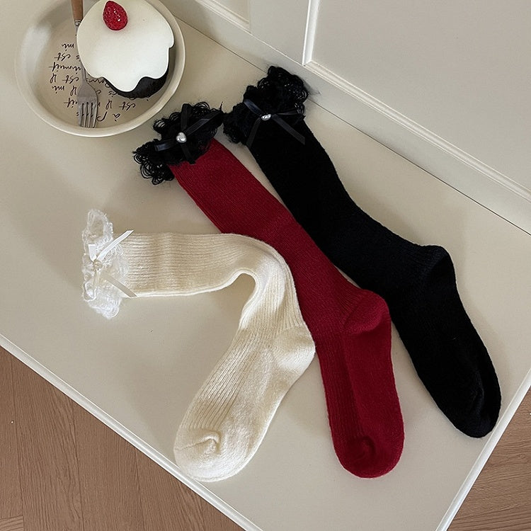 Chaussettes Lolita blanches à revers en dentelle et nœud papillon
