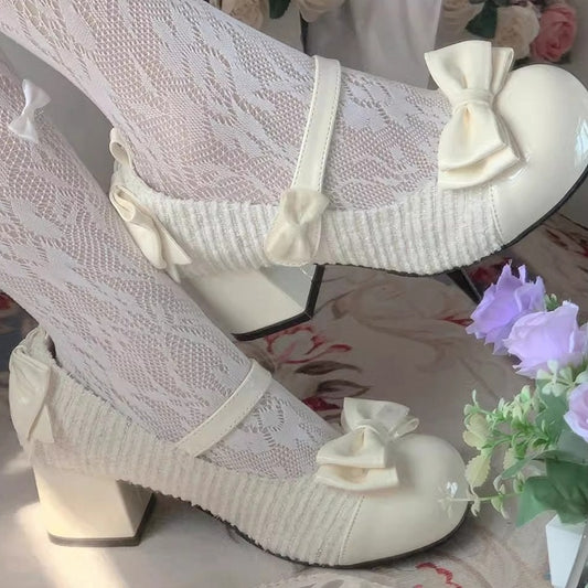 Apricot Bowknot Round Toe 3.5CM Block Heel Lolita Mary Janes