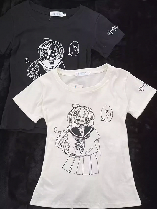 Round Neck with White / Anime Girl Print  Cotton T-Shirt Black