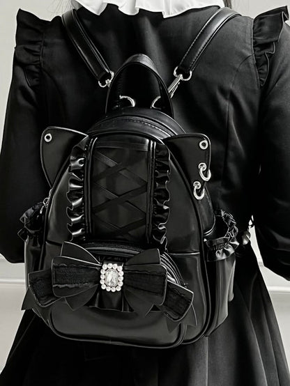 Schwarzer Kei-Rucksack mit Katzenohren und Perlen- und Strassschleife Jirai