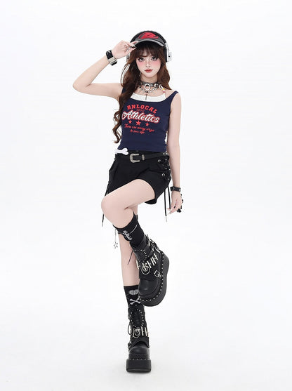 Faux Red Navy Blue/White  Two-pieces Tank Top Letter Print Vintage Glamorous
