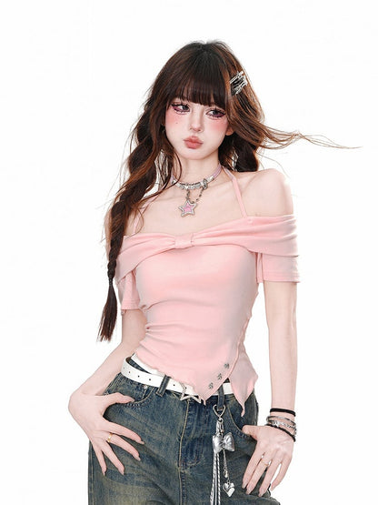 Pink/White Halter Neck Asymmetrical Hem Slim-fitting T-Shirt