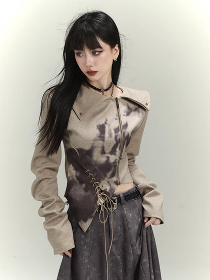 Wasteland Punk Khaki Asymmetrical Hem Cropped Jacket with Lace-up Detail at Front