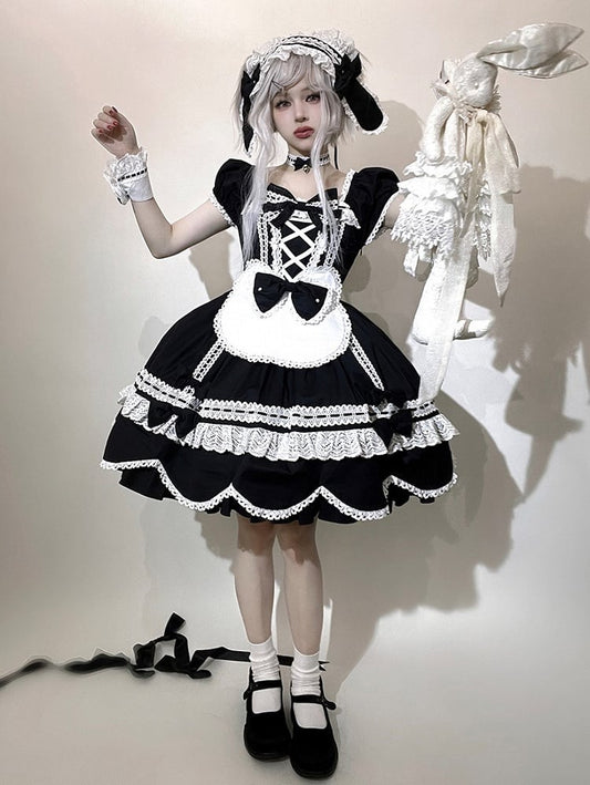 Lolita Sleeves Black Old Short Neckline School Piece Puff Square One and Dress Cotton