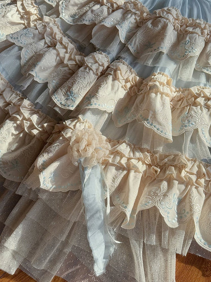 Blue Bunny Layered Embroidered Scallop Trim Hem Lolita Skirt