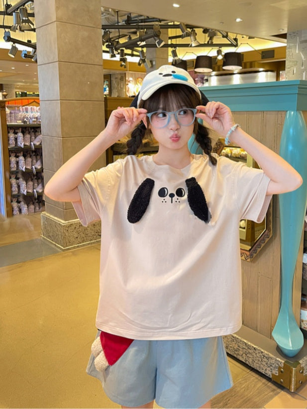 T-Shirt Plush Puppy Ears Loose Beige Round Neck