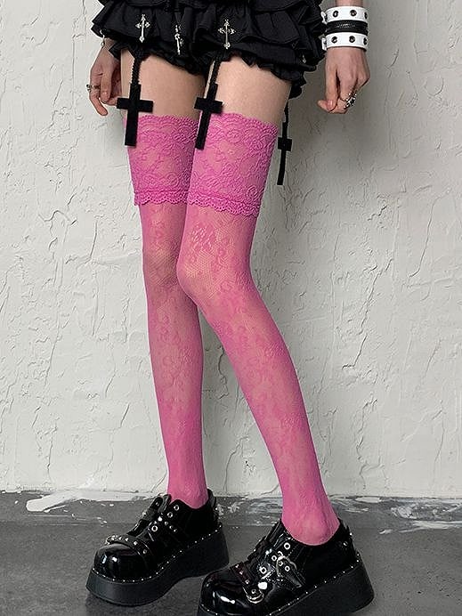 Pattern Floral Rose Pink Y2K Overknee Lace Trim Stockings