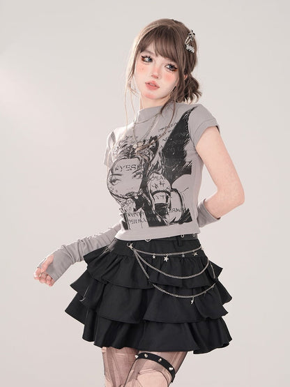 Character Print and Matching Fingerless Gray Mock Neck T-shirt with Manga Gloves