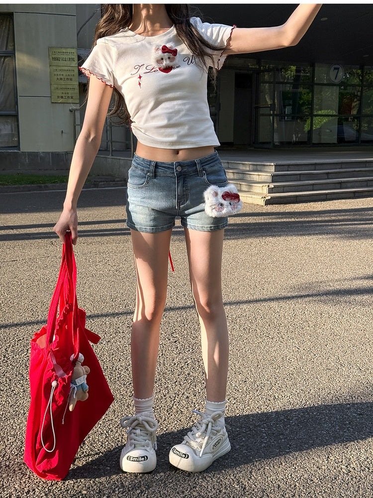 Rise Denim Shorts with Adorable Kitty Plushie Blue Low