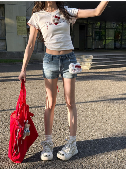 Rise Denim Shorts with Adorable Kitty Plushie Blue Low