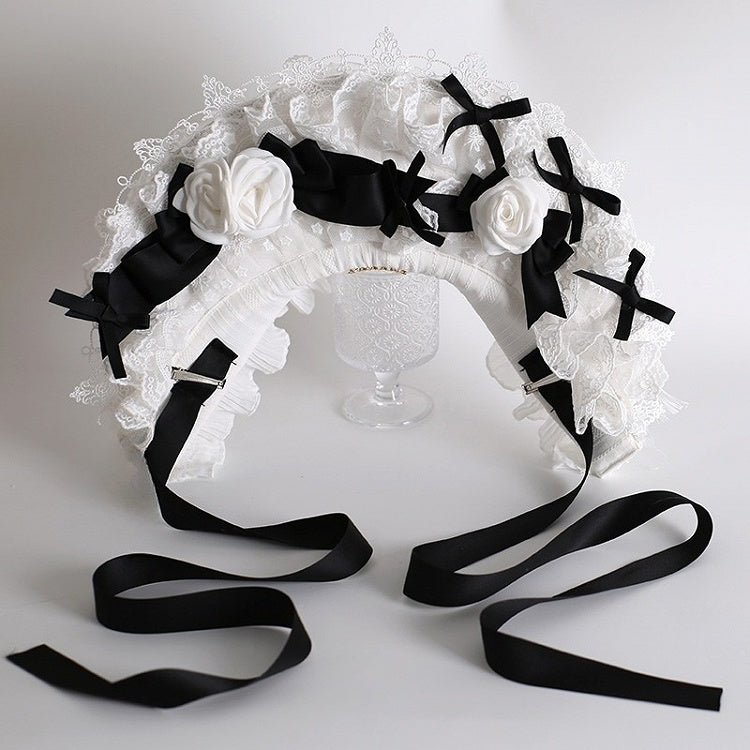 Maid Details Lolita Bonnet Design Floral BlackWhite Trim Bowknot Lace