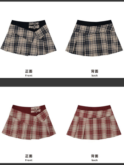 Khaki/Red Buckle Straps High Waist Plaid Pleated Skirt