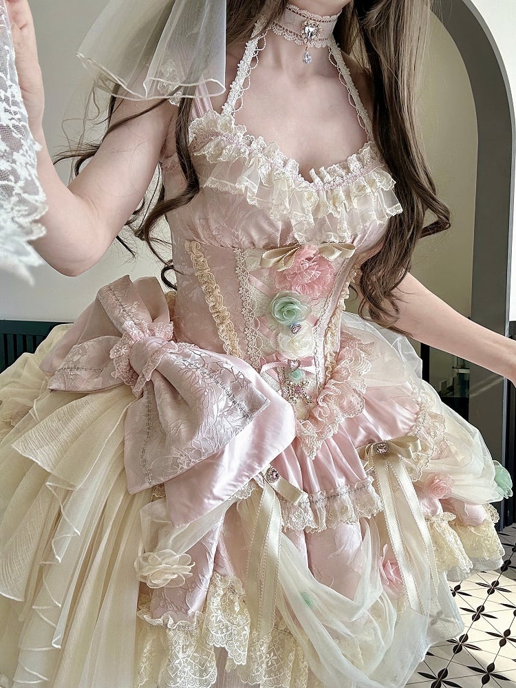 Robe princesse Lolita Hanayome à taille corset et baleines, motif floral rose