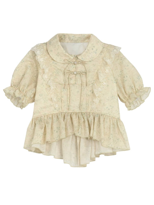 High-low Blouse Collar Trim Lace Pan Apricot Peter