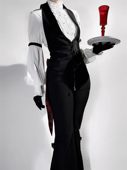 Black Ouji Neck Gothic Bunny at Halter Lolita Buckle Back Tailcoat with Bow Tail Waistcoat