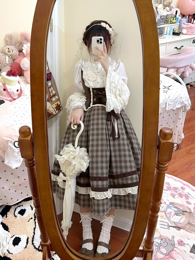 Brown Under Bust Plaid Pattern Lolita Dress Lolita Jumper Skirt