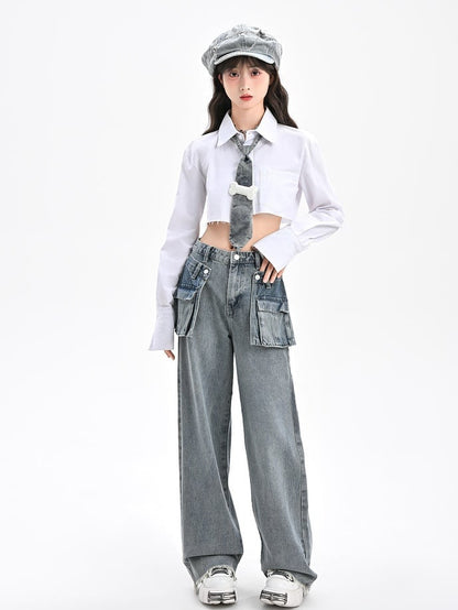 Wide-Leg Jeans with Detachable Skirt Accessory Blue Vintage