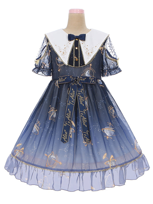 Robe Lolita bleu marine à ourlet volanté avec globe céleste et nœud étoilé