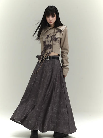 Wasteland Punk Khaki Asymmetrical Hem Cropped Jacket with Lace-up Detail at Front