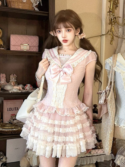 Pink Sailor Cap Collar Sleeves Chiffon Top With