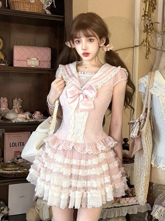 Pink Sailor Cap Collar Sleeves Chiffon Top With