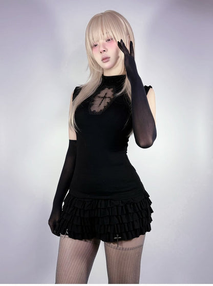 Kreuz Charms Tiered Rüschen Skort Taille Schwarz Elastisch