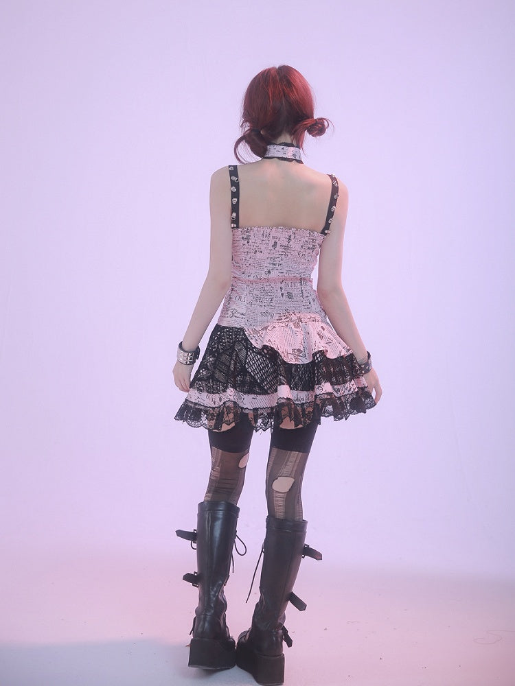 Robe punk rock rose sans manches à imprimé dentelle
