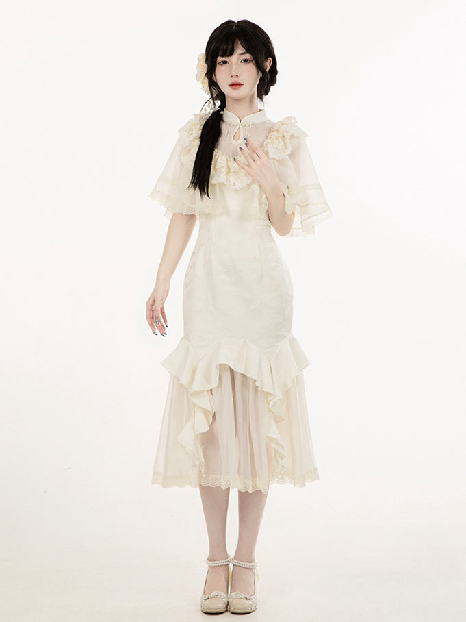 Shawl and Beige Flowers Neckline Decorated Beads