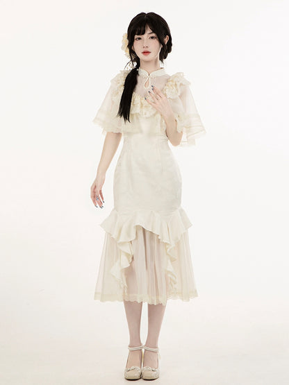 Shawl and Beige Flowers Neckline Decorated Beads