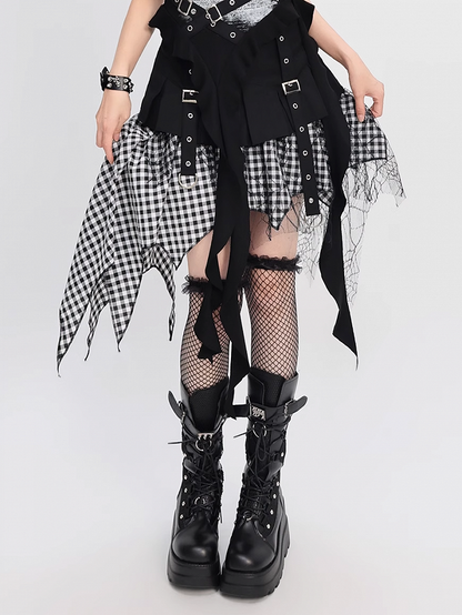 Handkerchief Hem Mesh Patchwork Y2K Black Blue/ White Plaid Skirt Black