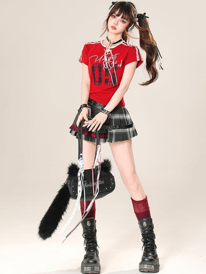 Applique T-shirt Core Plaid Red Detail Lace-up Pattern Trim Blokette Lace Number