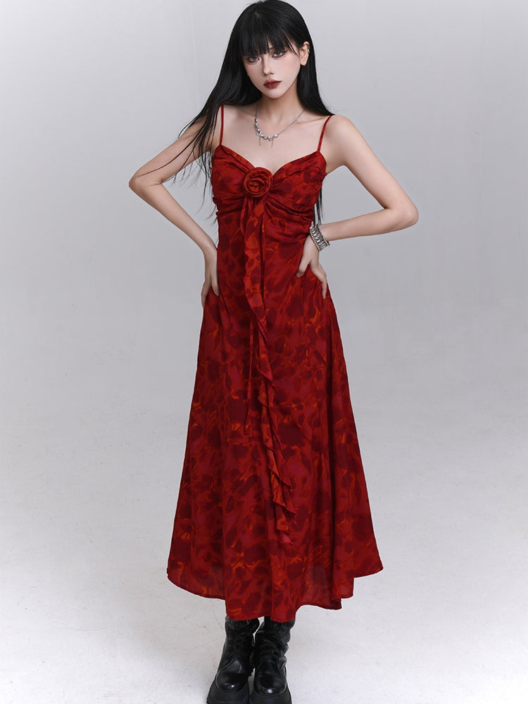 Red Sweetheart Neckline Cascading Ruffle Floral Cami Dress