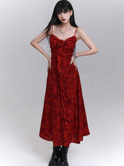 Red Sweetheart Neckline Cascading Ruffle Floral Cami Dress