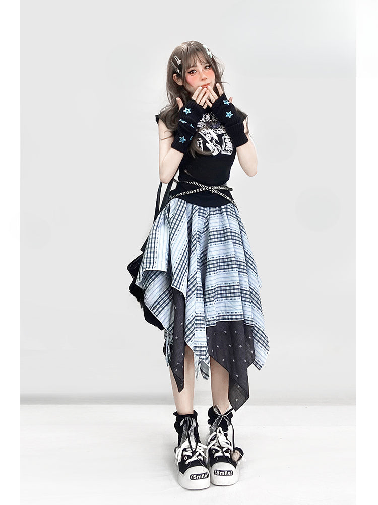 Vintage Dusty Blue Plaid Pattern Handkerchief Hem Glamorous Skirt