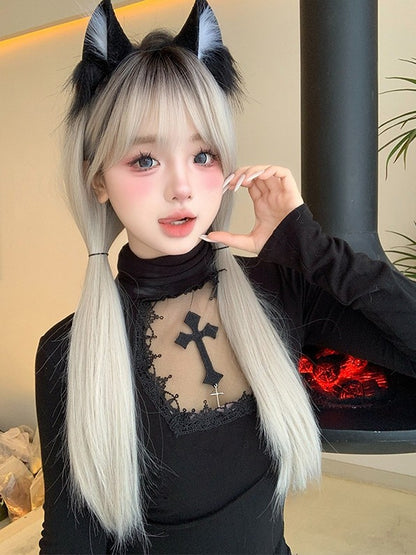 Straight Ombre Wig Length With Air 66CM Black-White Bangs