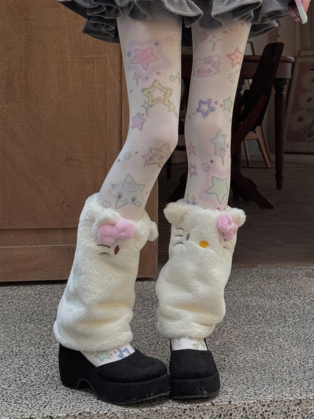 White Cute Kitty Plush Leg Warmers