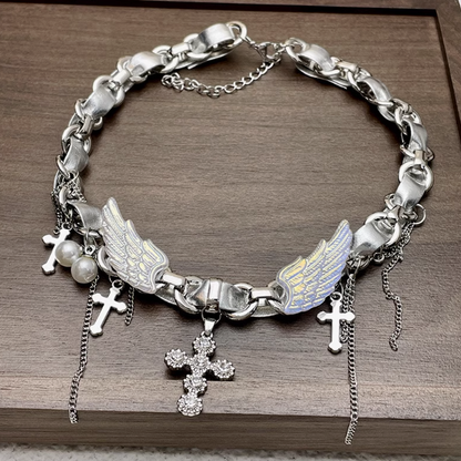 Angel Silver Wings Crosses Cyberpunk Y2K Necklace