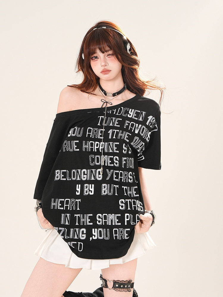Asymmetrical Neckline Letter Print Loose T-Shirt Yellow/White/Black