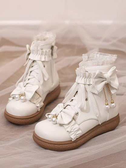 Version Schleife Normal/Verdickt Perlenbesetzt mit Akzenten PU Spitze Lolita Stiefel Leder Weiß Manschette Plattform Charm 4cm