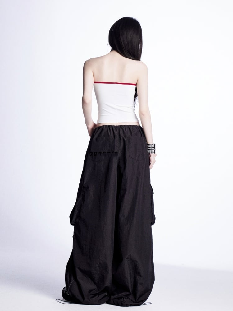 Wide-Leg Cargo Pants Waist Drawstring Cuffs Vintage Black	Low