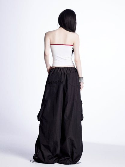 Wide-Leg Cargo Pants Waist Drawstring Cuffs Vintage Black	Low