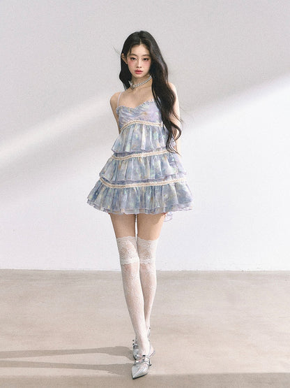 Slip Kleid Tiered Ausschnitt Rock Blau Sweetheart Ölgemälde Floral Mini