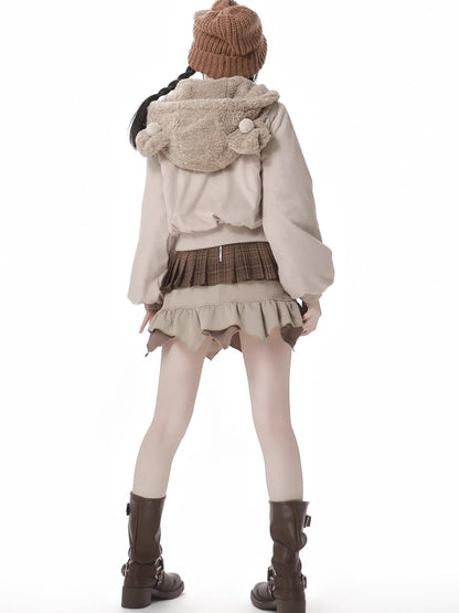 Beige Bear Ears Hood Lace Trim Coat