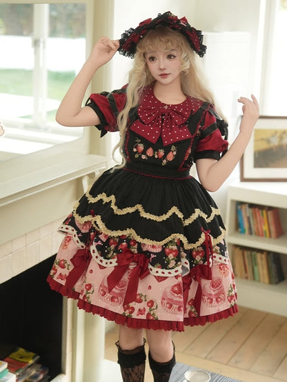 Black Strawberry Embroidery Cotton Apron