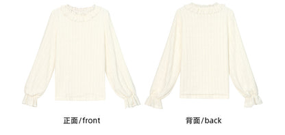 Beige Ruffle Neckline Long Sleeves Top